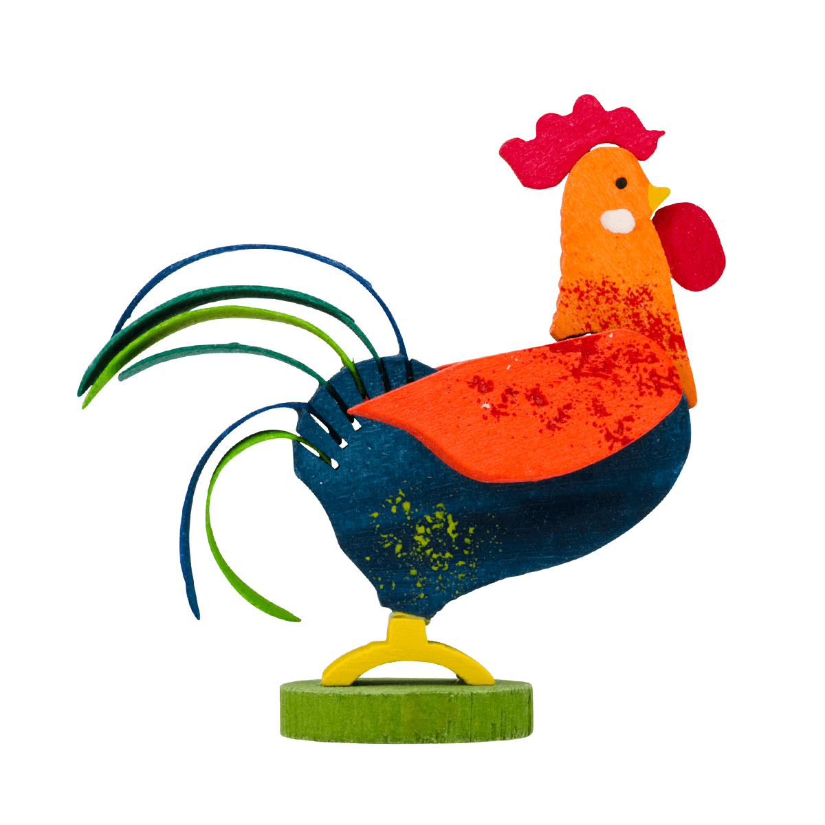 Rooster, hanging - blue with orange feathers -