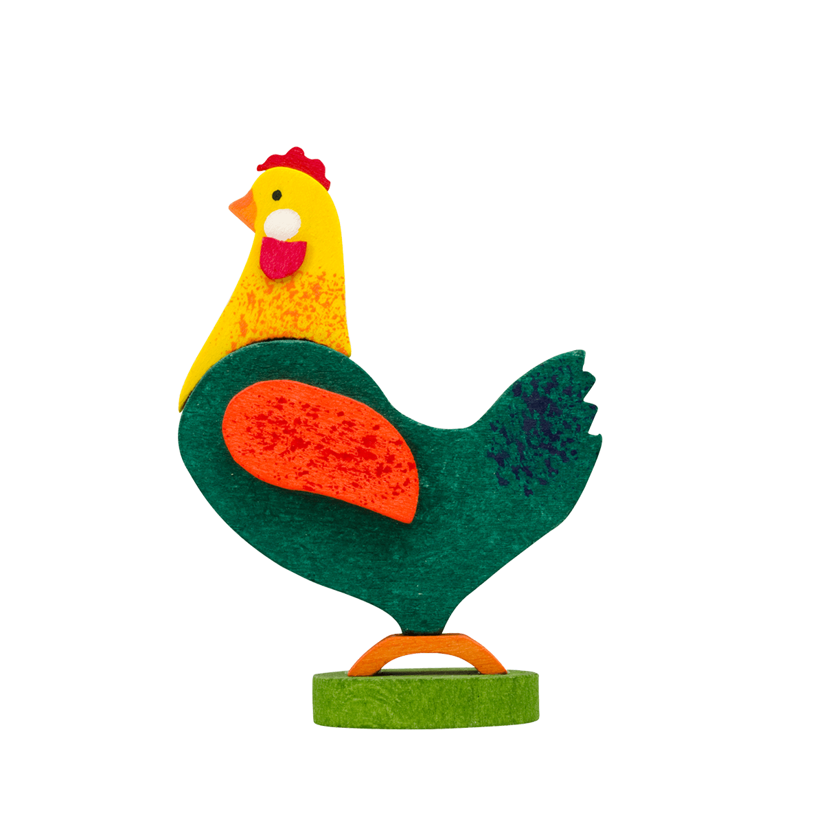 Hängendes Huhn - dunkelgrün mit orange-gelbem Gefieder -