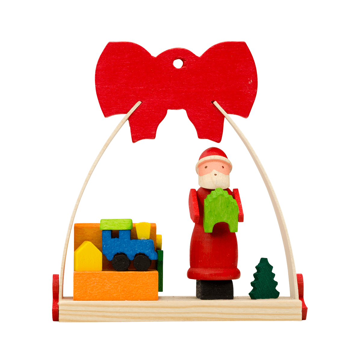Schleife Weihnachtsmann als Baumschmuck - mit Spielzeugkiste -